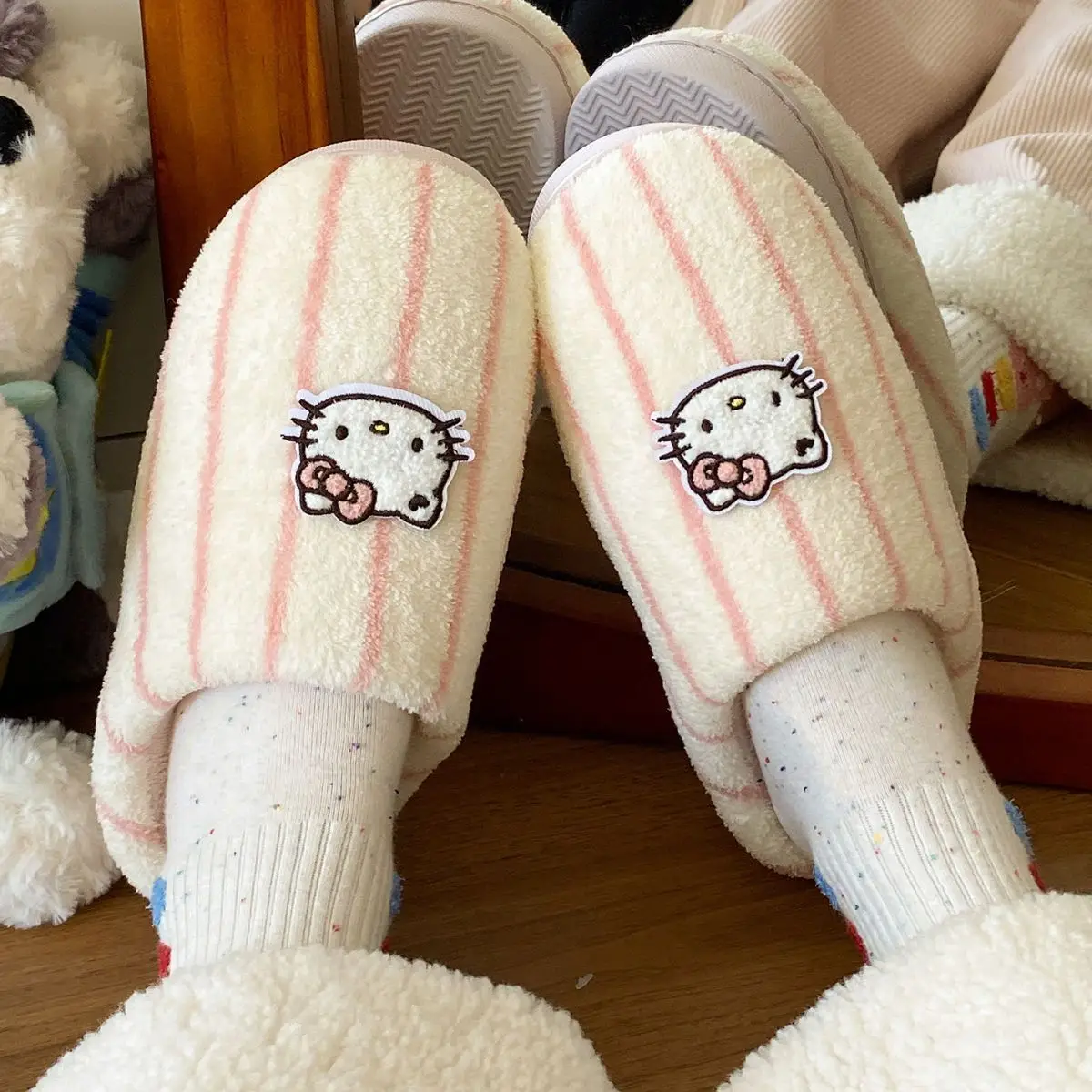 Women Cotton Striped Slippers Winter Warm Indoor — feature 23