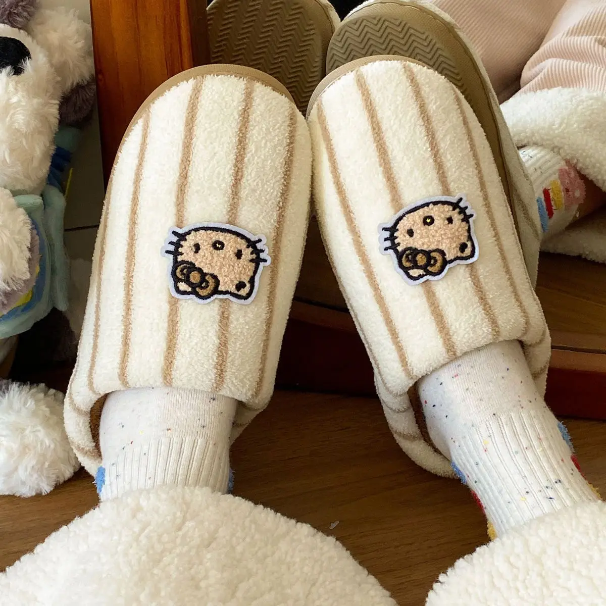 Women Cotton Striped Slippers Winter Warm Indoor — feature 24