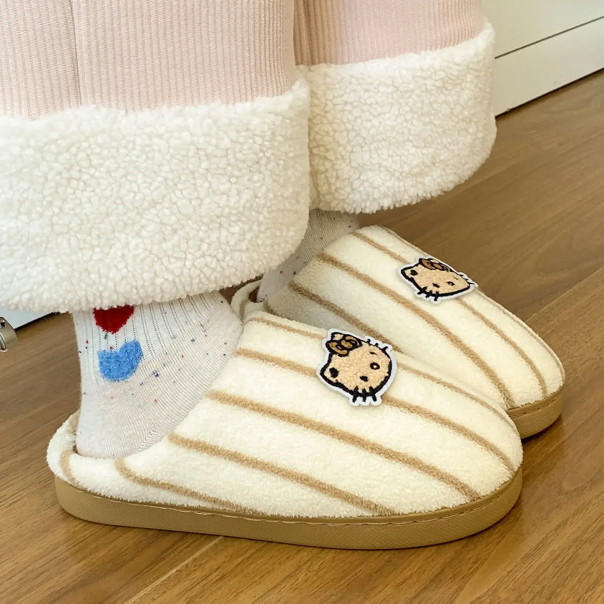 Women Cotton Striped Slippers Winter Warm Indoor — feature 29