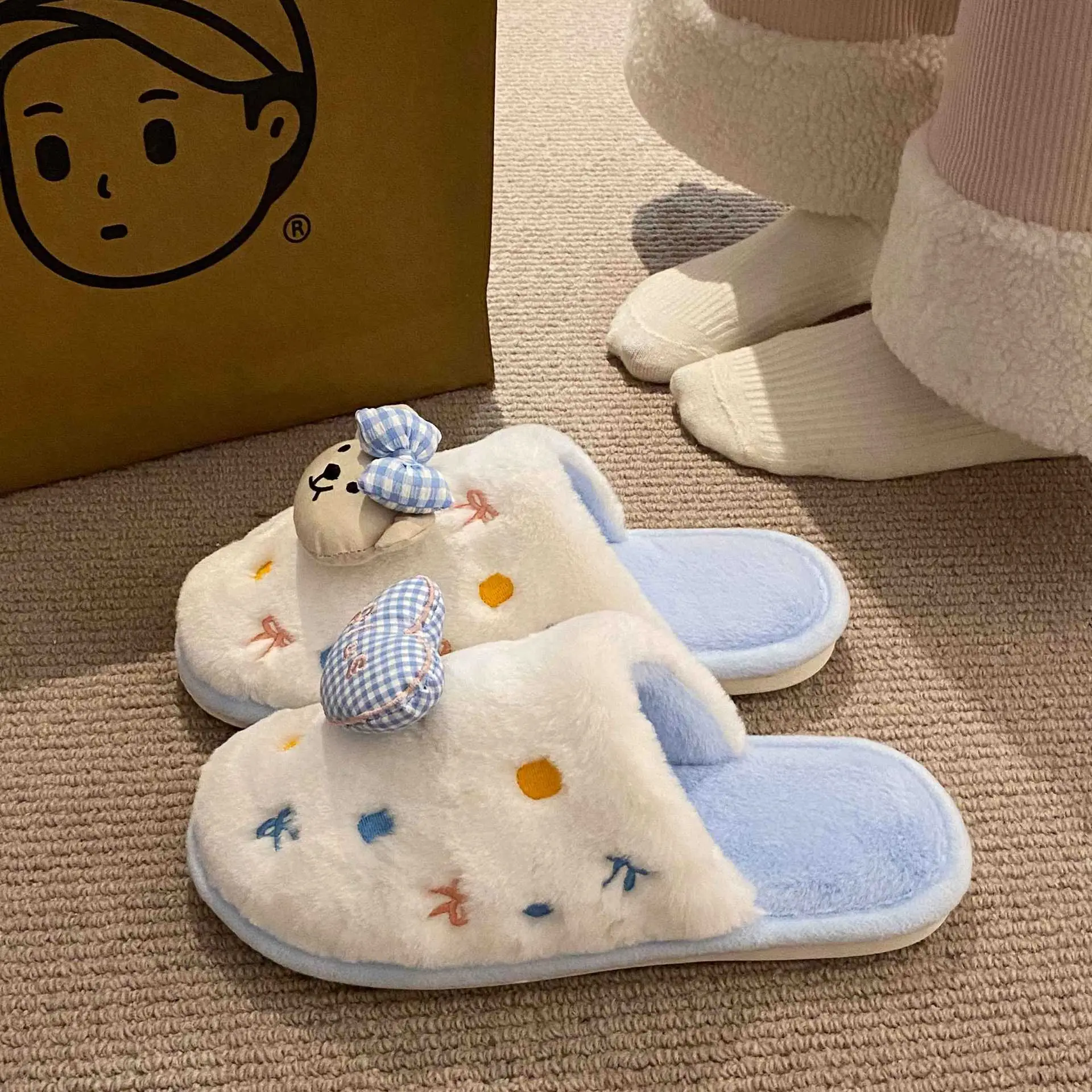 Winter Cartoon Bow Bear Cotton Slippers for Girls