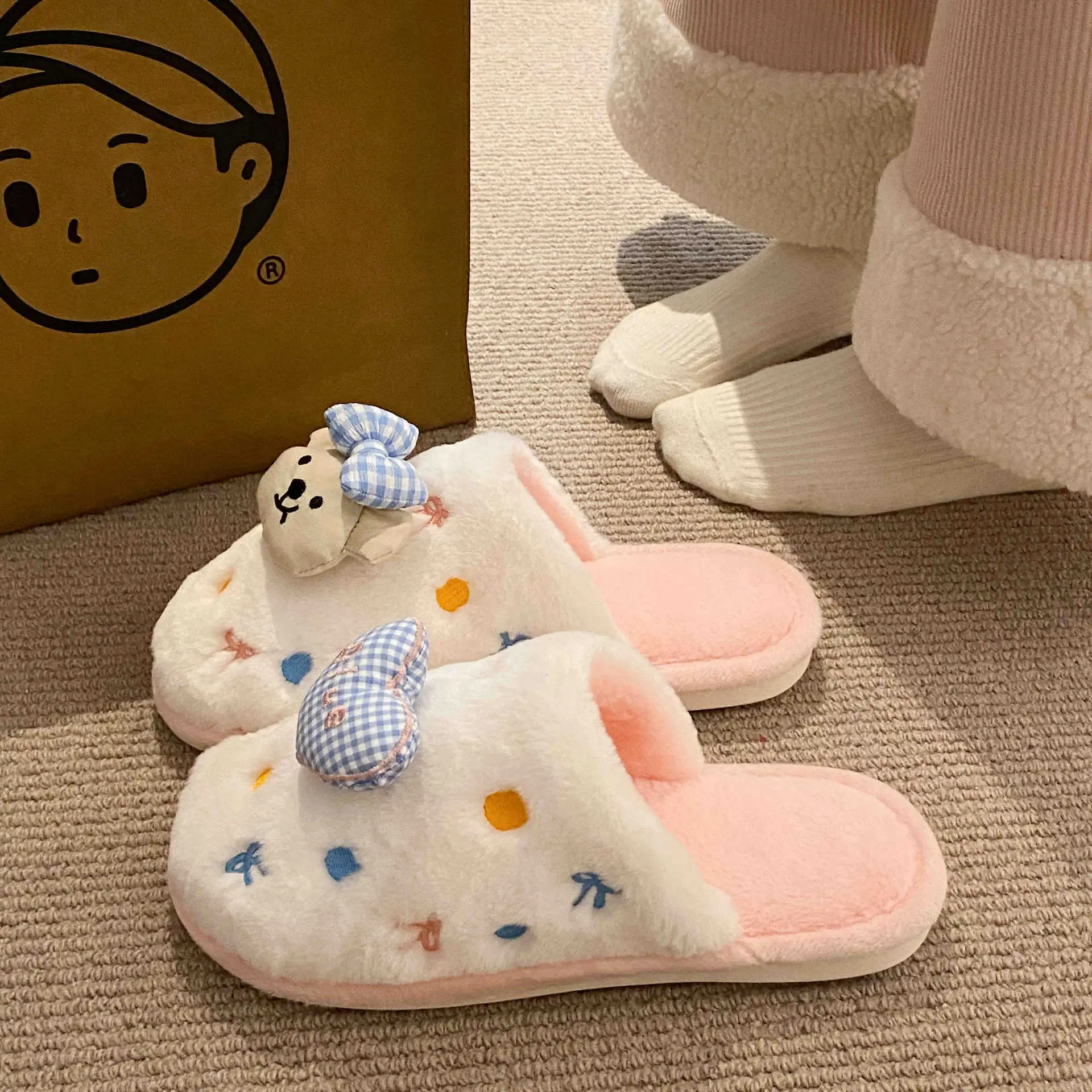 Winter Cartoon Bow Bear Cotton Slippers for Girls