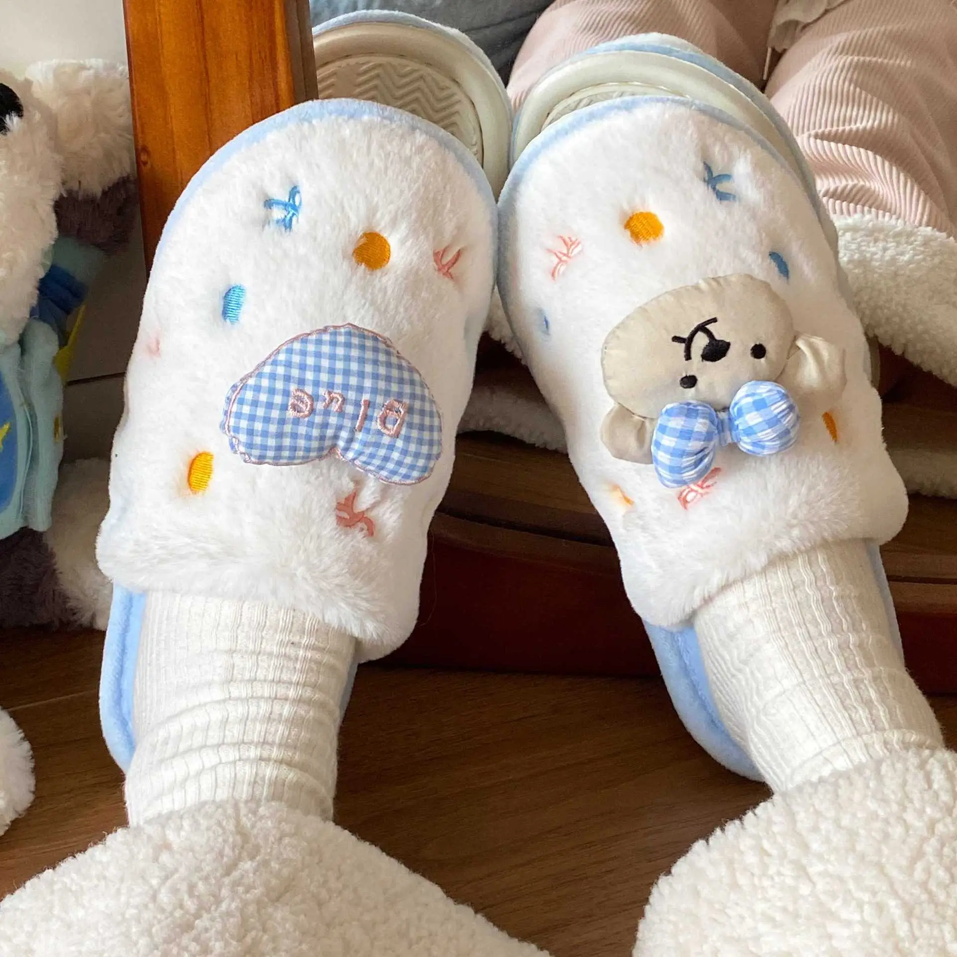 Winter Cartoon Bow Bear Cotton Slippers for Girls