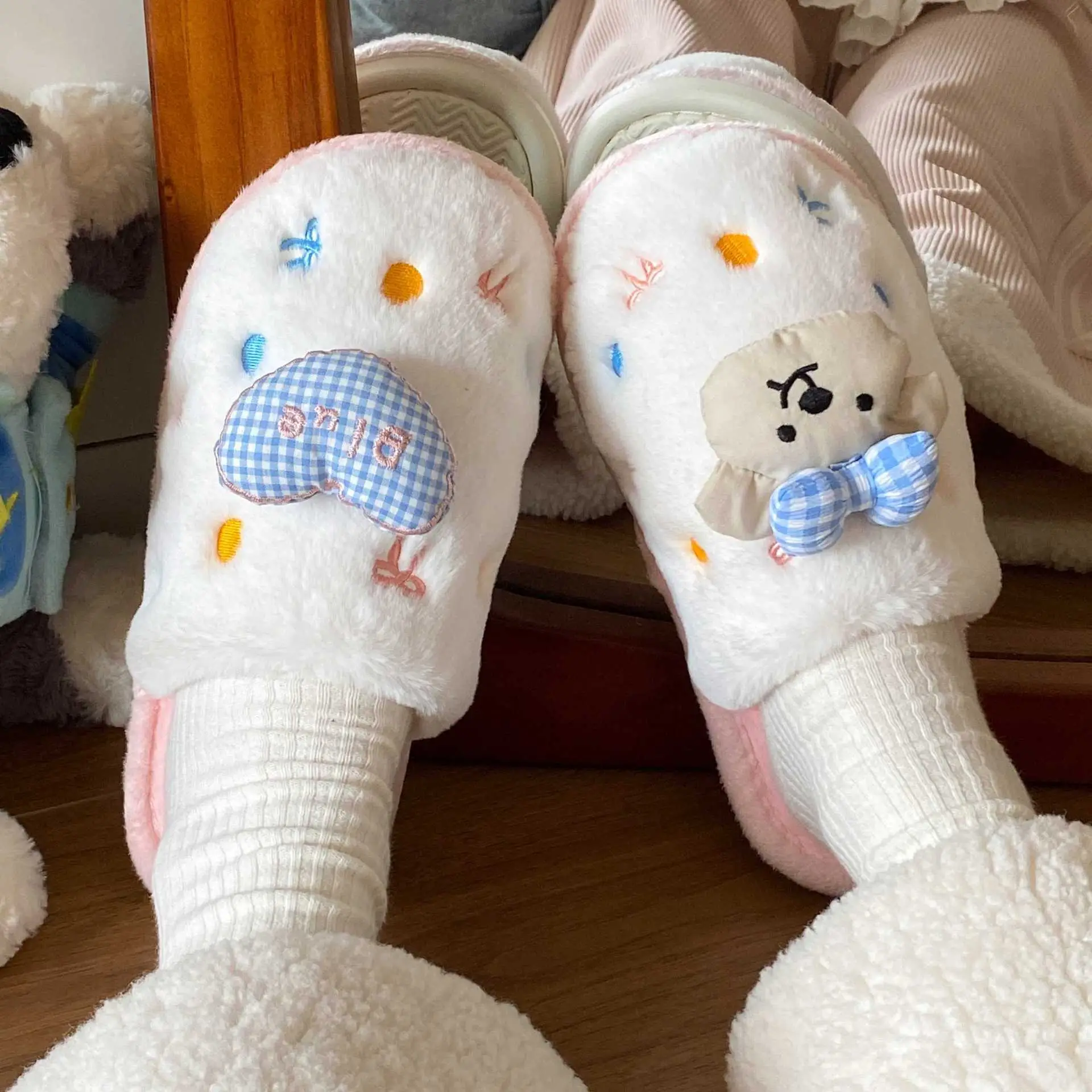 Winter Cartoon Bow Bear Cotton Slippers for Girls
