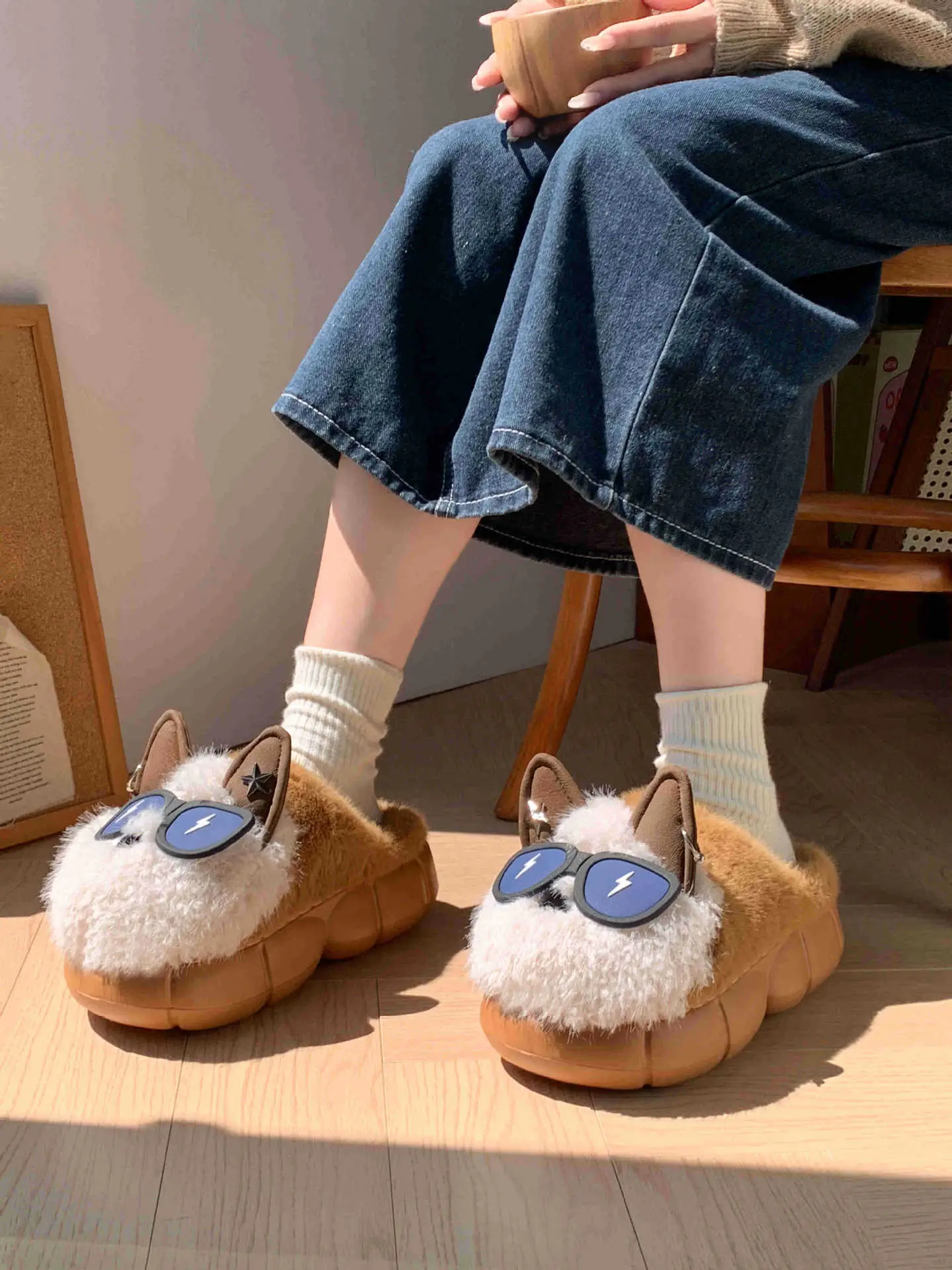 Winter Cat Sunglasses Slippers for Men Women Soft Warm Closed Toe — feature 11