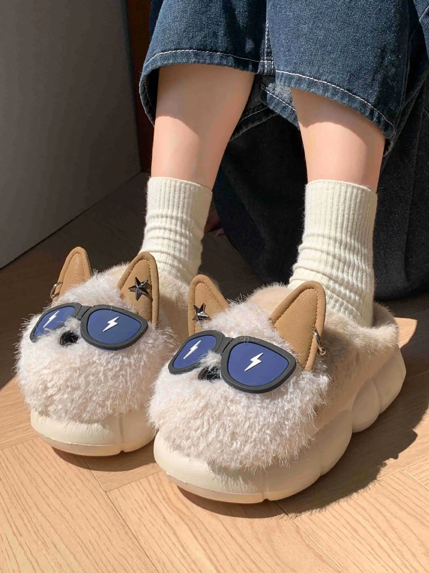 Winter Cat Sunglasses Slippers for Men Women Soft Warm Closed Toe — feature 13