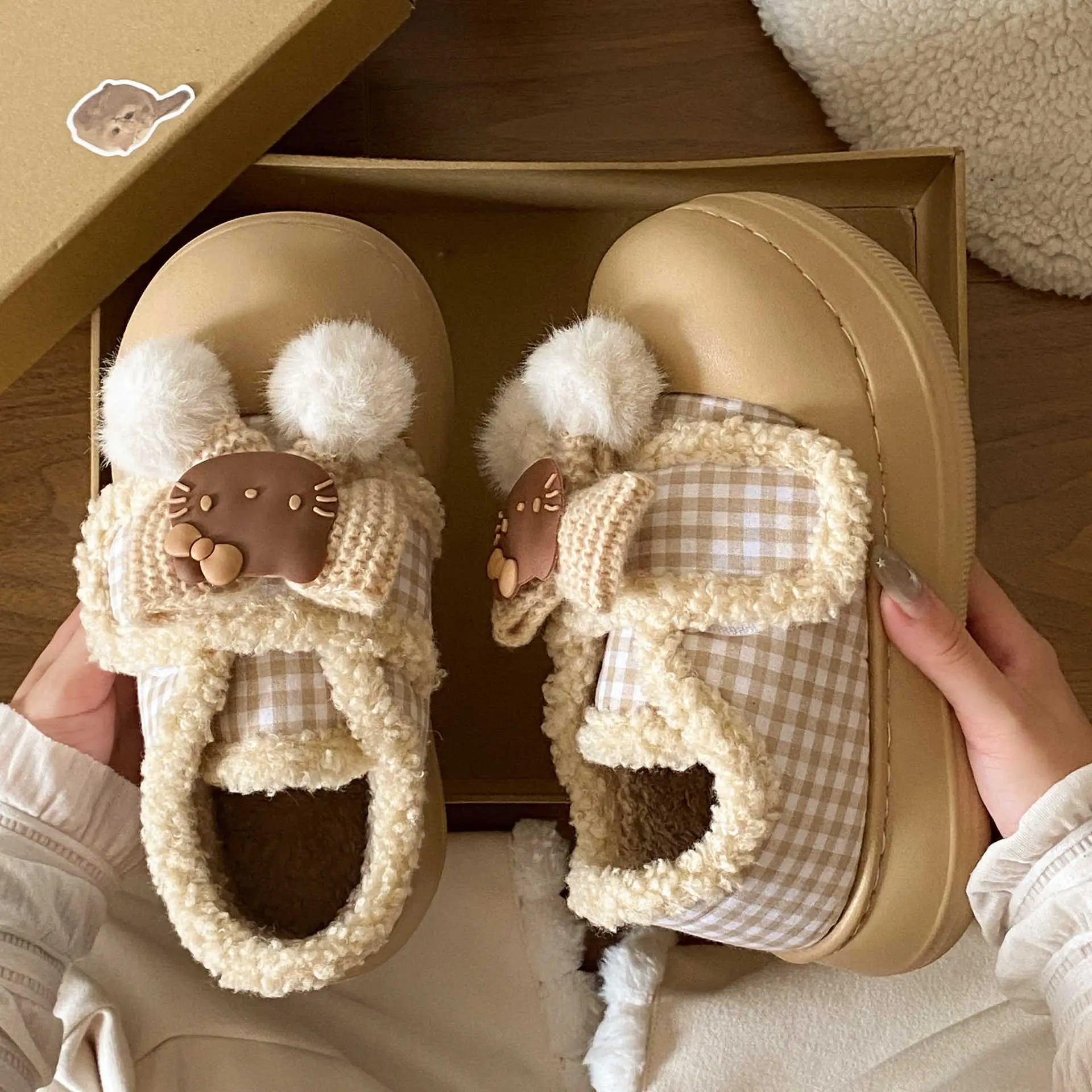 Brown Cat Ear Snow Boots Soft Soled Warm Fur Ball