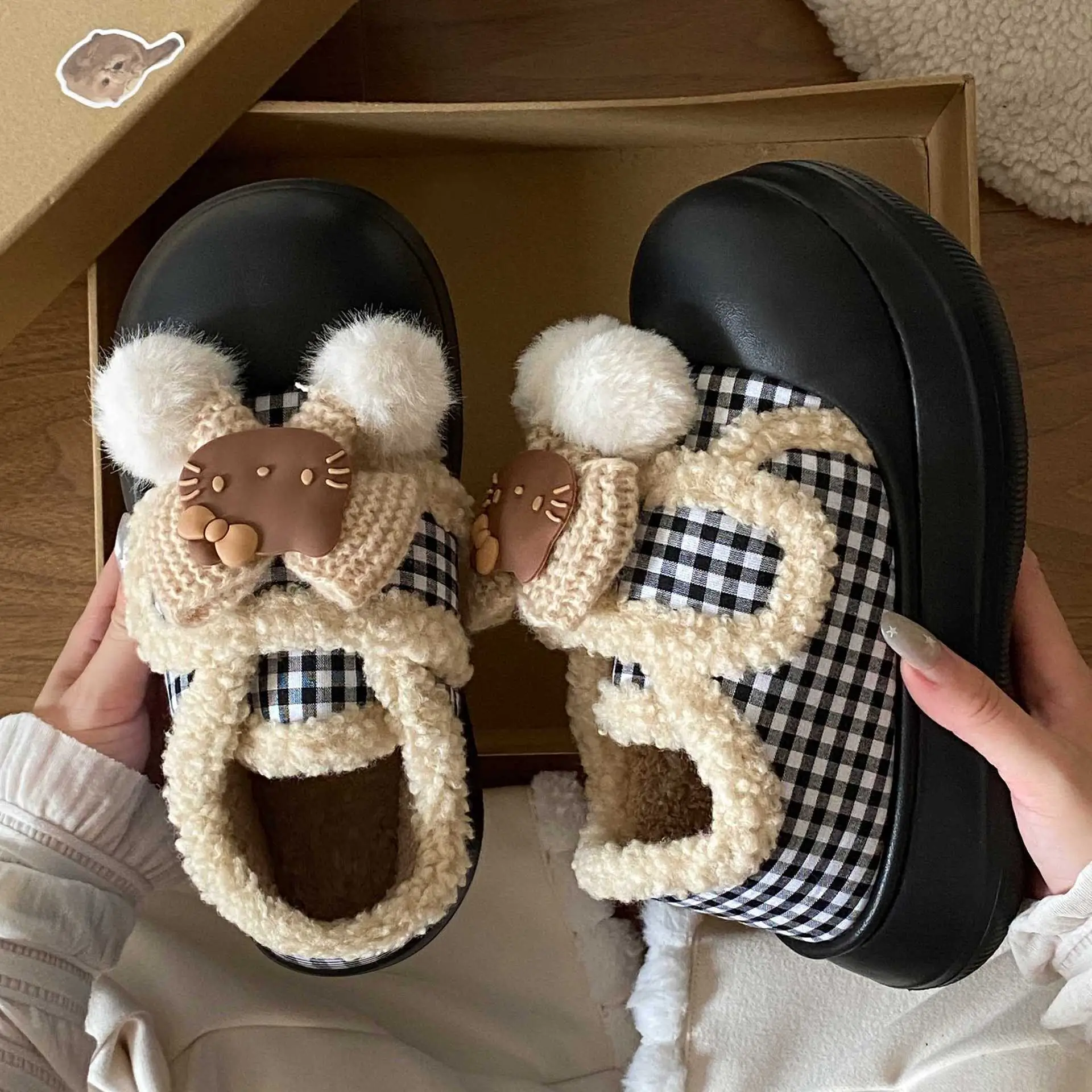 Brown Cat Ear Snow Boots Soft Soled Warm Fur Ball