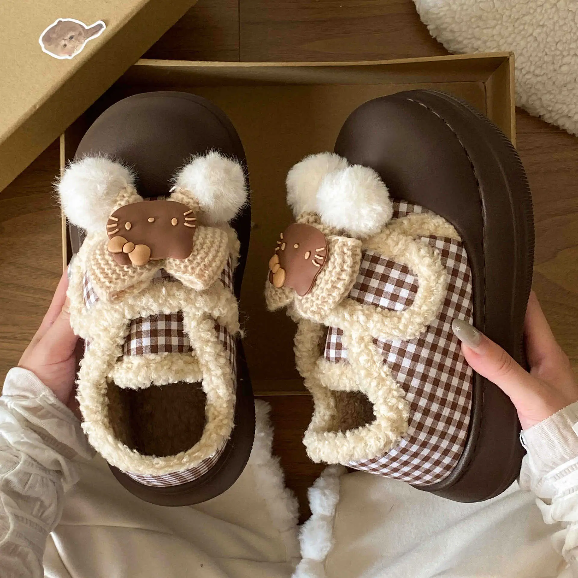 Brown Cat Ear Snow Boots Soft Soled Warm Fur Ball