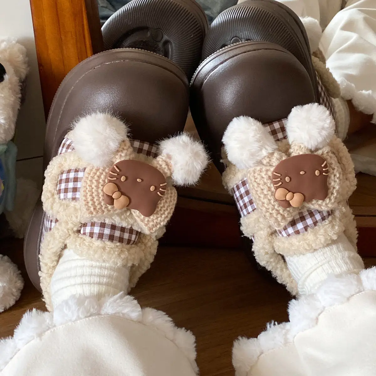 Brown Cat Ear Snow Boots Soft Soled Warm Fur Ball — feature 21