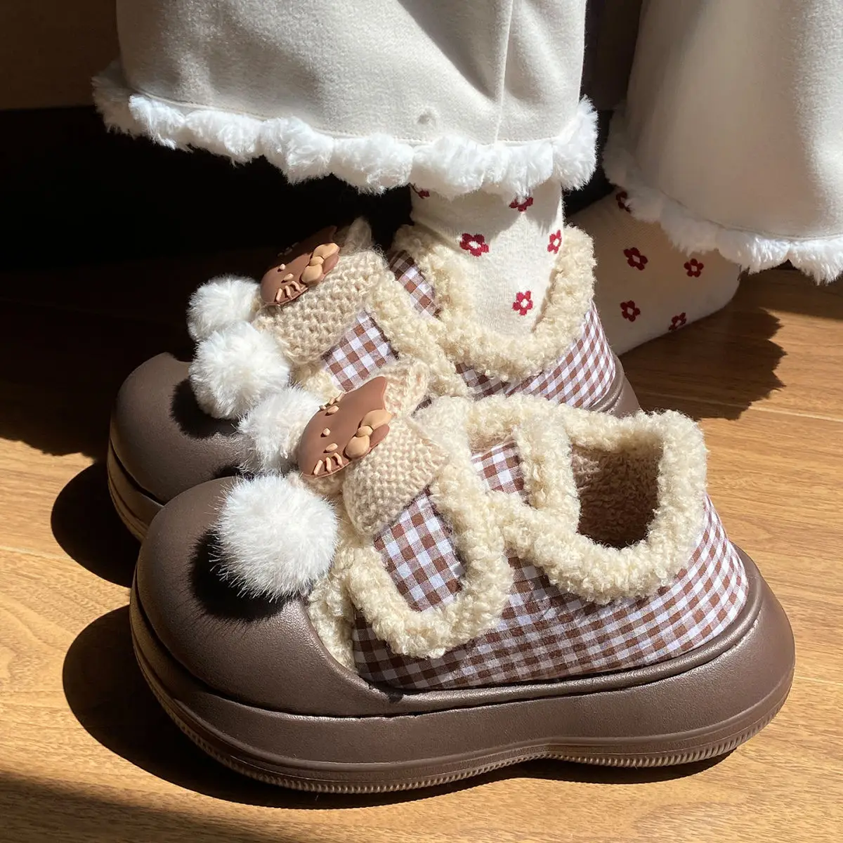 Brown Cat Ear Snow Boots Soft Soled Warm Fur Ball — feature 23