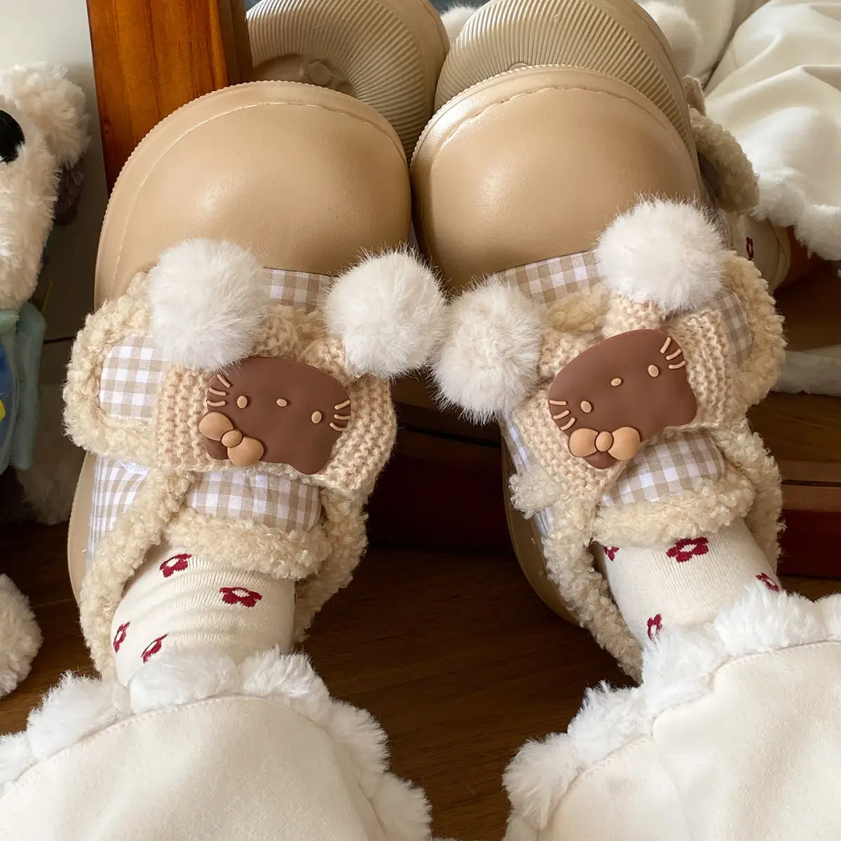 Brown Cat Ear Snow Boots Soft Soled Warm Fur Ball — feature 28