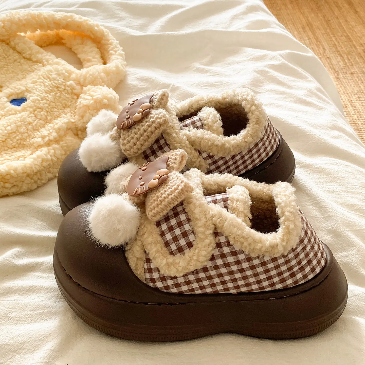 Brown Cat Ear Snow Boots Soft Soled Warm Fur Ball