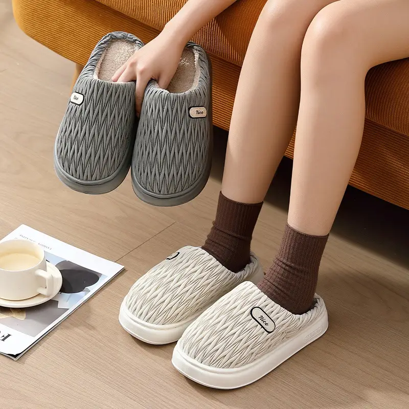 Pleated Cotton Slippers for Women Autumn and Winter 2025 New Indoor Home Thick-Soled Warm Plush Cotton Slippers for Women Winter - Image 8