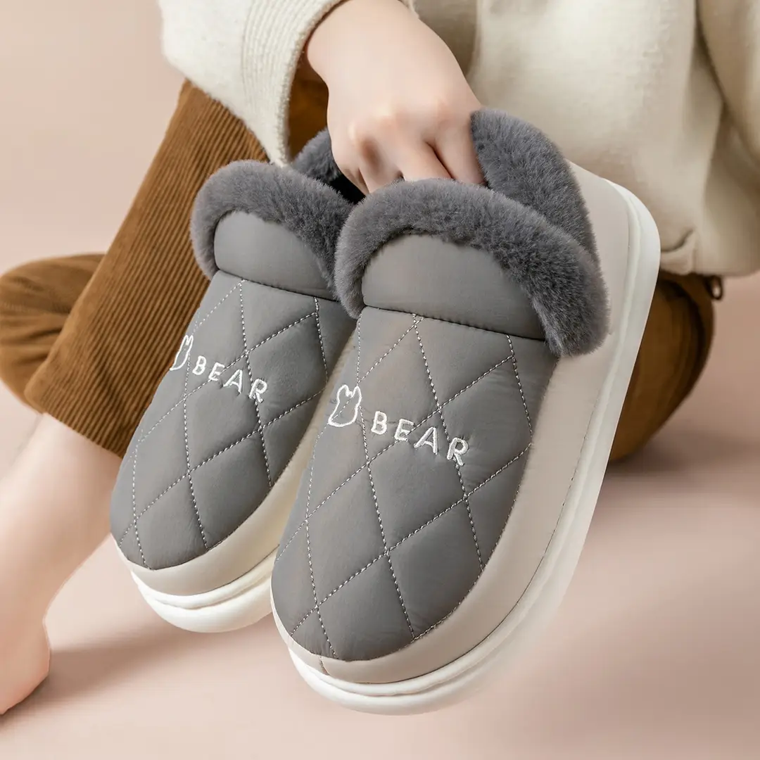 Waterproof Cotton Slippers for Men with Heel Indoor Home Non-Slip Fleece-Lined Thickeneded Warm Bear Cotton Shoes for Men in Winter - Image 6