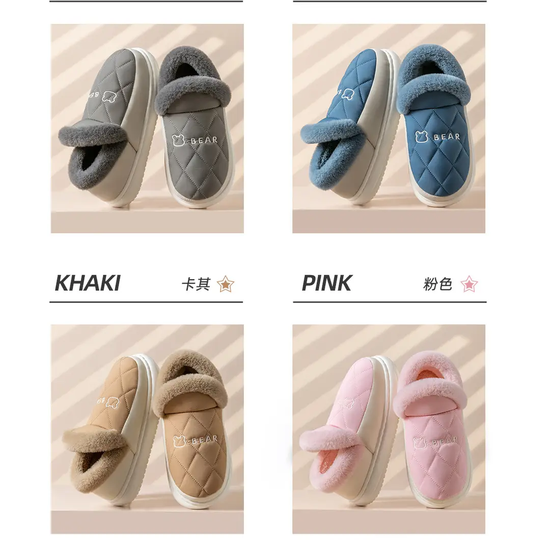 Waterproof Cotton Slippers for Men with Heel Indoor Home Non-Slip Fleece-Lined Thickeneded Warm Bear Cotton Shoes for Men in Winter — feature 7
