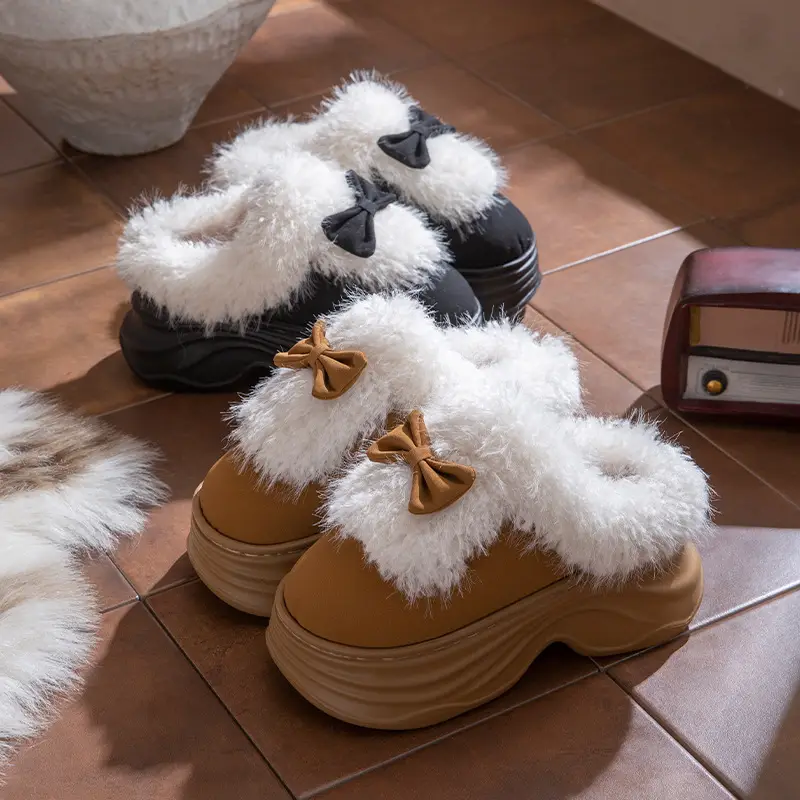 Women's Closed-Back Cotton Slippers for Autumn and Winter 2025, New Style with Bow, Non-Slip, Thick-Soled, Plush, Warm Maternity Shoes for Winter - Image 6