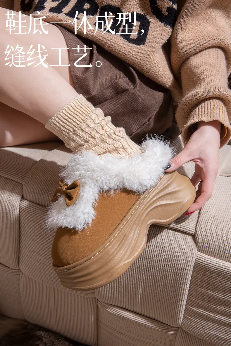 Women's Closed-Back Cotton Slippers for Autumn and Winter 2025, New Style with Bow, Non-Slip, Thick-Soled, Plush, Warm Maternity Shoes for Winter — feature 5