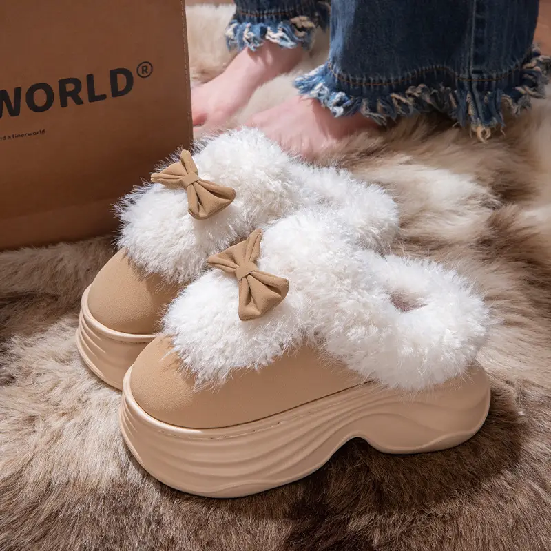 Women's Closed-Back Cotton Slippers for Autumn and Winter 2025, New Style with Bow, Non-Slip, Thick-Soled, Plush, Warm Maternity Shoes for Winter - Image 2