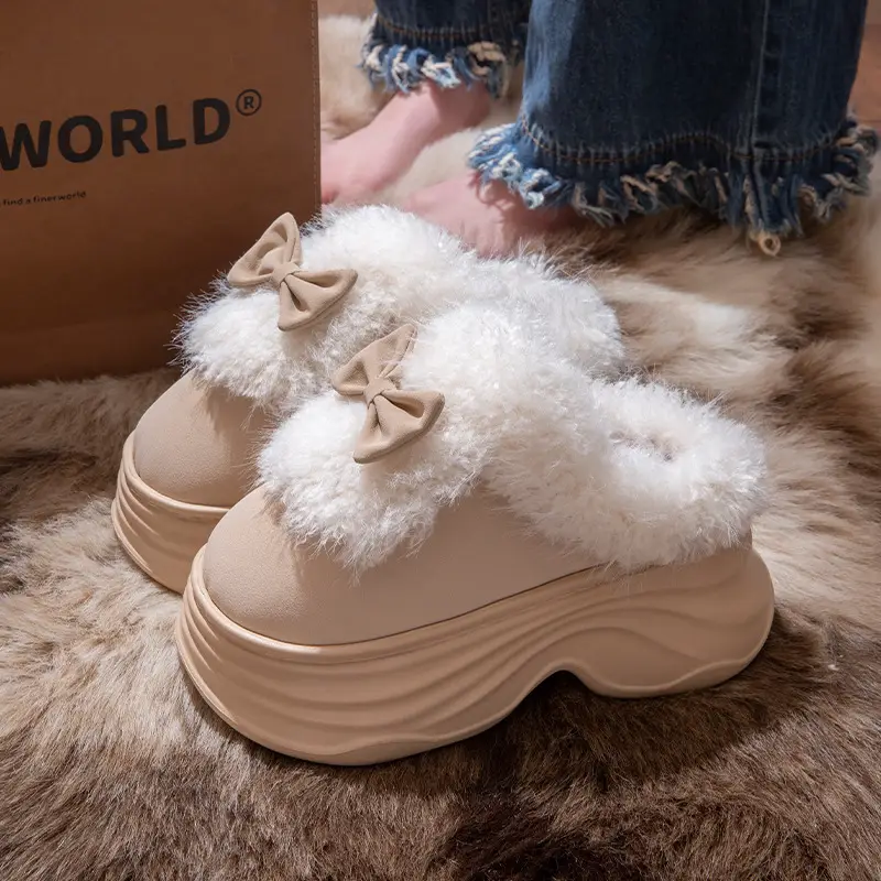 Women's Closed-Back Cotton Slippers for Autumn and Winter 2025, New Style with Bow, Non-Slip, Thick-Soled, Plush, Warm Maternity Shoes for Winter - Image 3