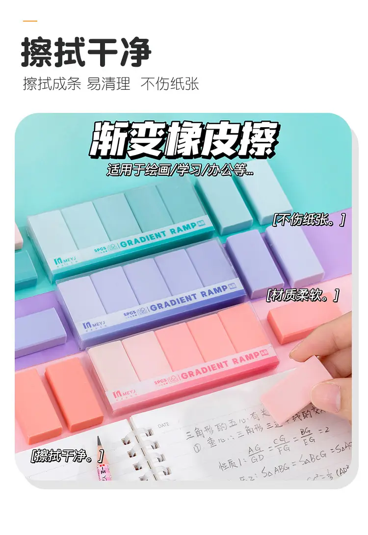 Gradient Color 4B Eraser Set for Students with Good Looks, Clean and Less Crumbs Pencil Eraser Macaron Boxed Eraser — feature 5