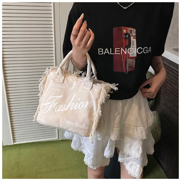 2025 Women's Tassel Beach Bag with "Fashion" Print — feature 14