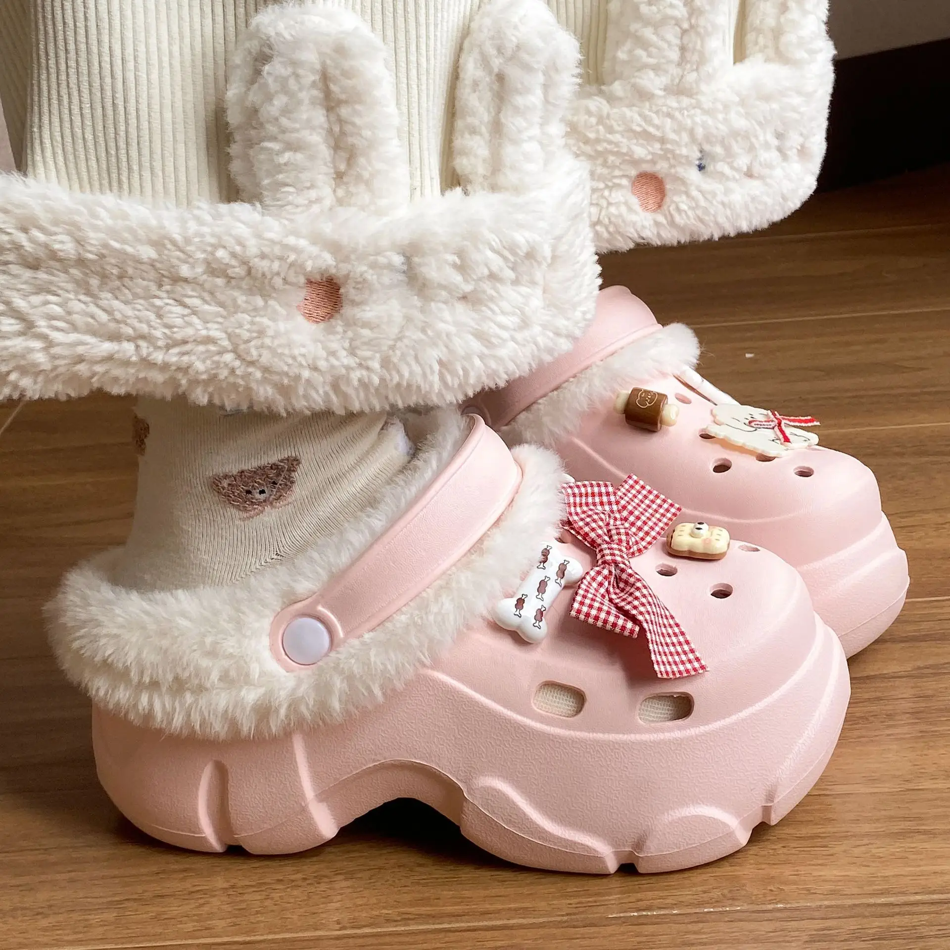 Pink Bowy Warm Thick Eva Slippers for Girls