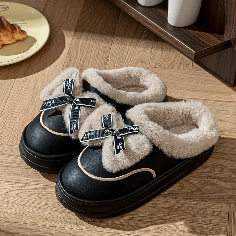Bow-Knot Cotton Slippers for Women, Home Cotton Slippers for Women, Plus Velvet Cotton Slippers for Men, Warm Shoes, Confinement Shoes, Women's Toe-Toe Slippers