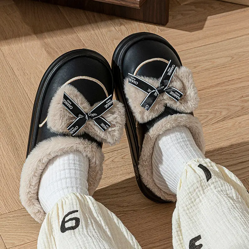 Bow-Knot Cotton Slippers for Women, Home Cotton Slippers for Women, Plus Velvet Cotton Slippers for Men, Warm Shoes, Confinement Shoes, Women's Toe-Toe Slippers
