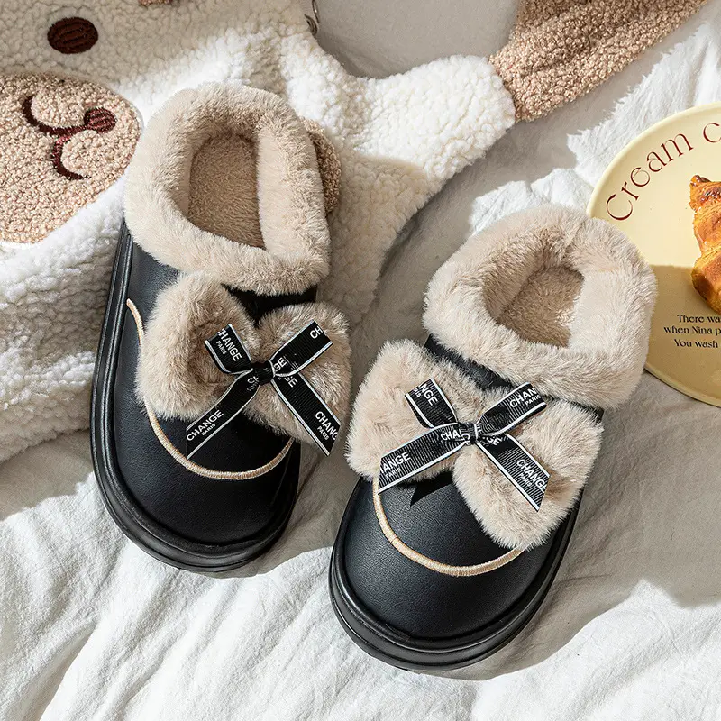 Bow-Knot Cotton Slippers for Women, Home Cotton Slippers for Women, Plus Velvet Cotton Slippers for Men, Warm Shoes, Confinement Shoes, Women's Toe-Toe Slippers
