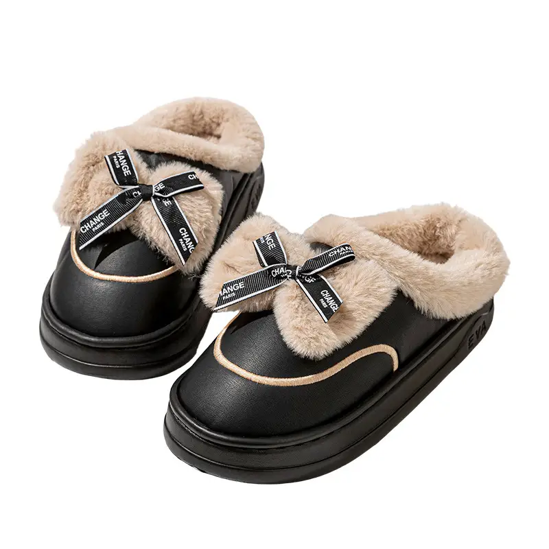 Bow-Knot Cotton Slippers for Women, Home Cotton Slippers for Women, Plus Velvet Cotton Slippers for Men, Warm Shoes, Confinement Shoes, Women's Toe-Toe Slippers