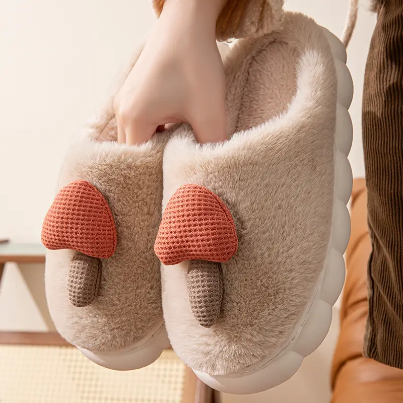 Cute Mushroom Cotton Slippers for Women in Autumn and Winter, Warm and Non-Slip, Couple Home Cotton Slippers, Thick-Soled Furry Slippers for Men in Winter - Image 3
