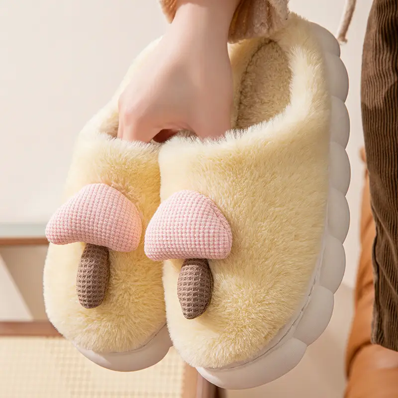 Cute Mushroom Cotton Slippers for Women in Autumn and Winter, Warm and Non-Slip, Couple Home Cotton Slippers, Thick-Soled Furry Slippers for Men in Winter - Image 4