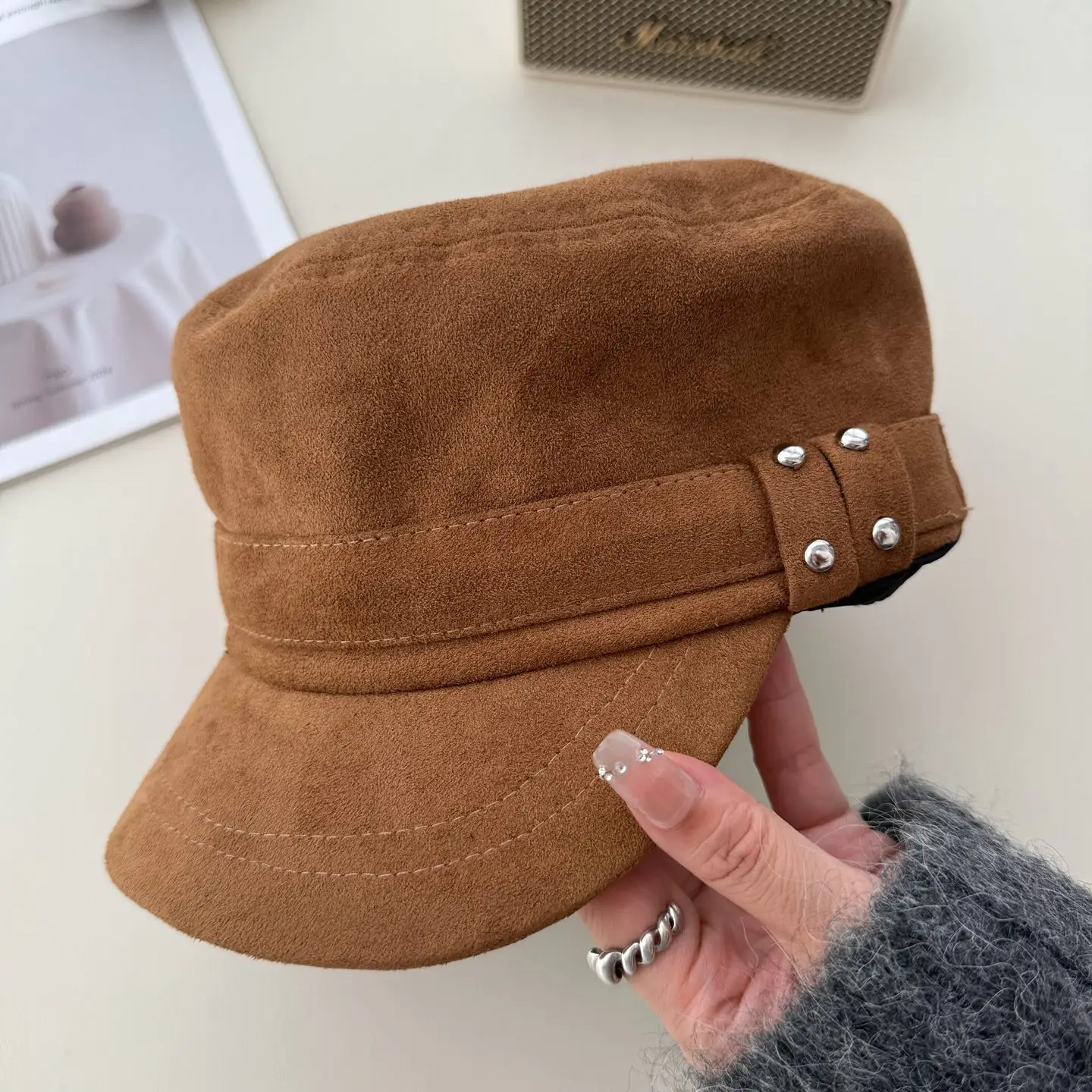 Korean Style Suede Black Duckbill Cap for Women Large Head Circumference — feature 15