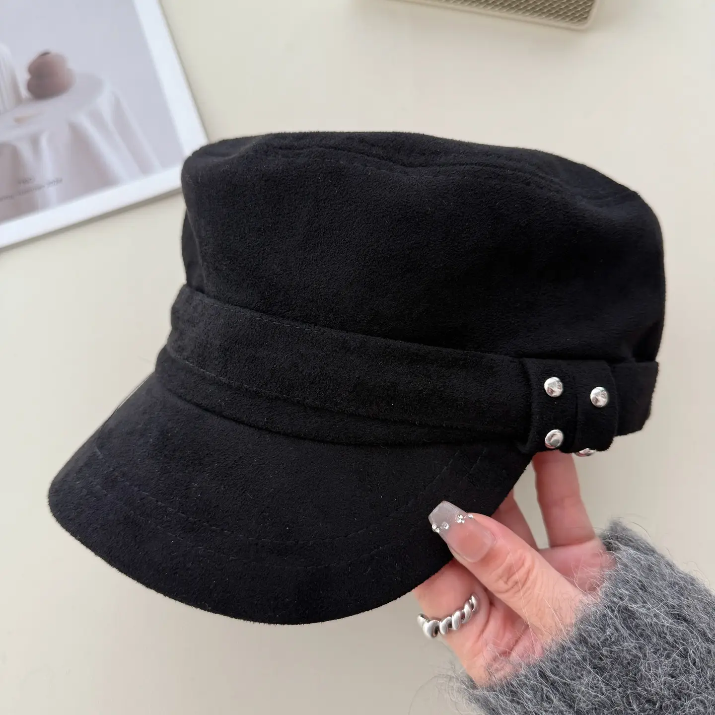 Korean Style Suede Black Duckbill Cap for Women Large Head Circumference — feature 17