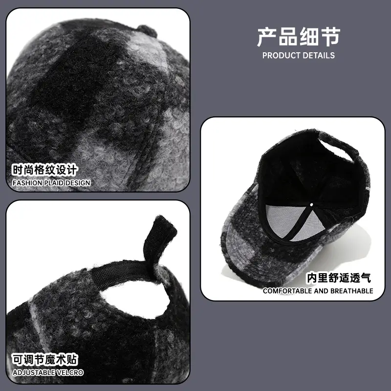 2025 Winter Plaid Fleece Baseball Cap with Cartoon Embroidery