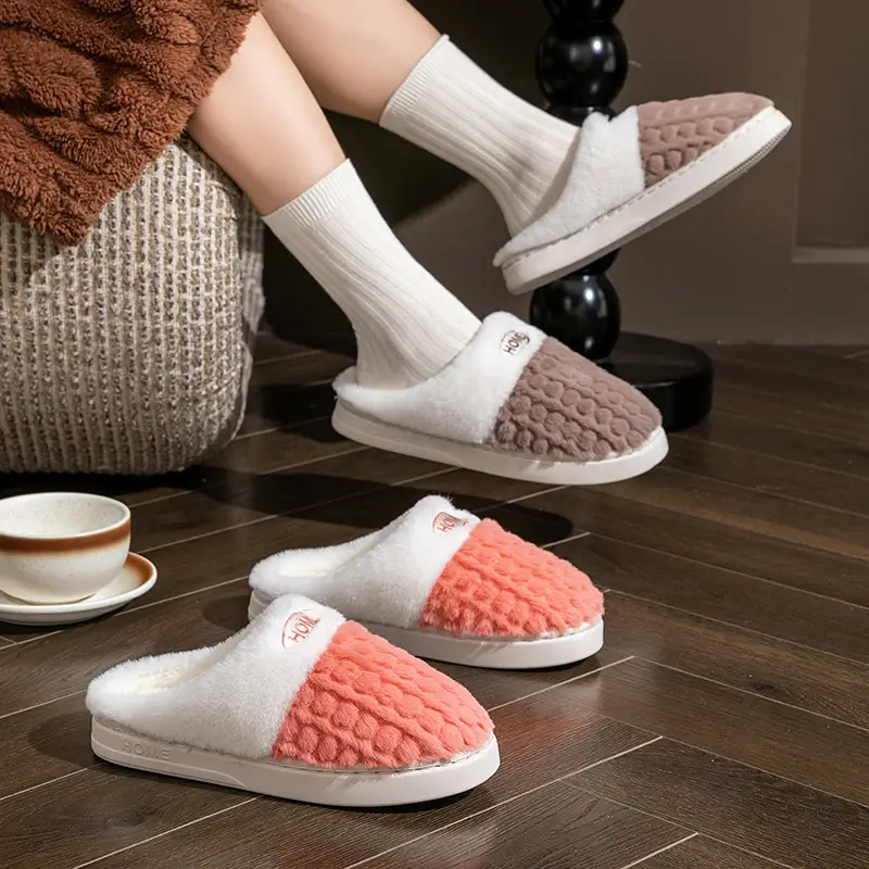 Women's Cotton Slippers with Wheat Ears Design, Suitable for Postpartum, Men's Autumn and Winter Indoor Warm Plush Thick-Soled Couple Slippers for Outdoor Wear