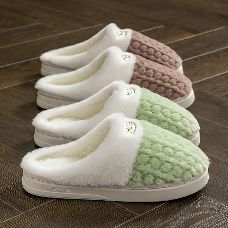 Women's Cotton Slippers with Wheat Ears Design, Suitable for Postpartum, Men's Autumn and Winter Indoor Warm Plush Thick-Soled Couple Slippers for Outdoor Wear
