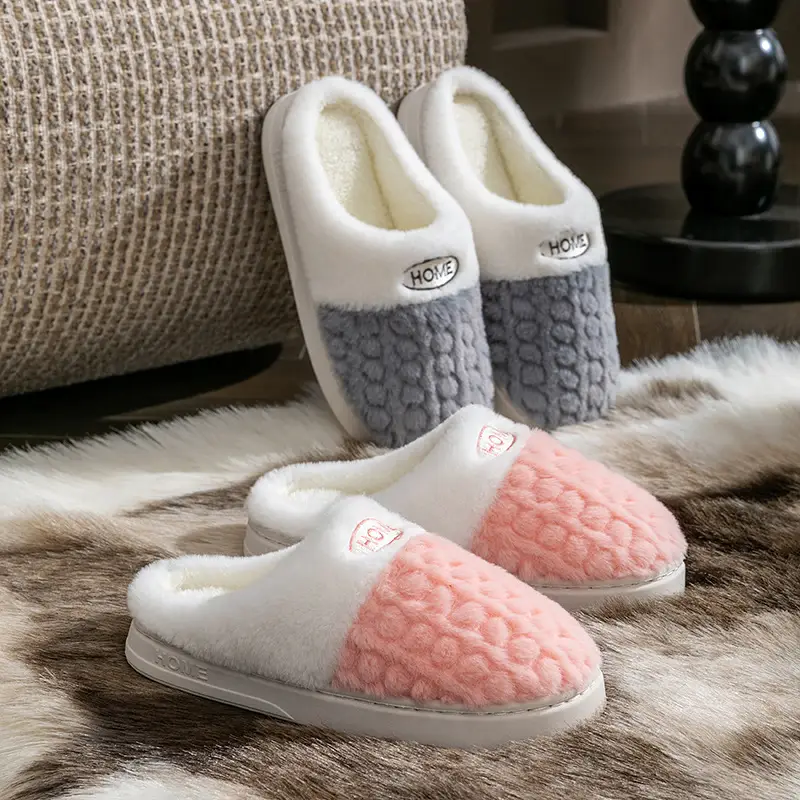 Women's Cotton Slippers with Wheat Ears Design, Suitable for Postpartum, Men's Autumn and Winter Indoor Warm Plush Thick-Soled Couple Slippers for Outdoor Wear