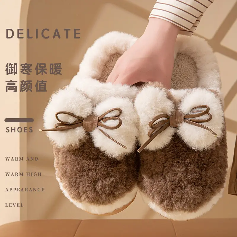 Fashionable Bow-Knot Thick-Soled Cotton Slippers for Women, Winter Non-Slip Soft-Soled Furry Slippers for Home Warmth - Image 17