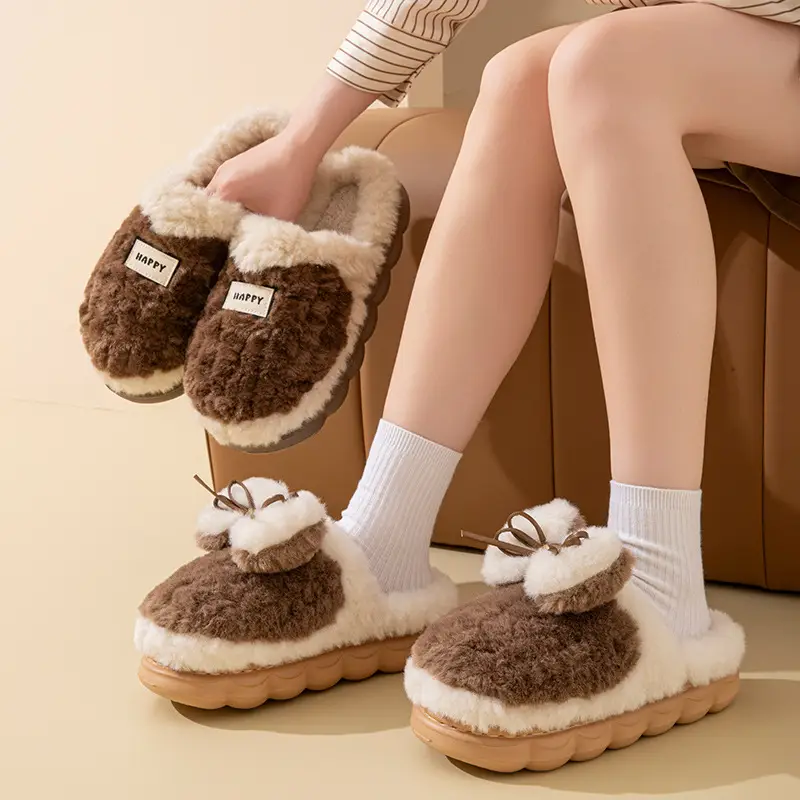 Fashionable Bow-Knot Thick-Soled Cotton Slippers for Women, Winter Non-Slip Soft-Soled Furry Slippers for Home Warmth - Image 19