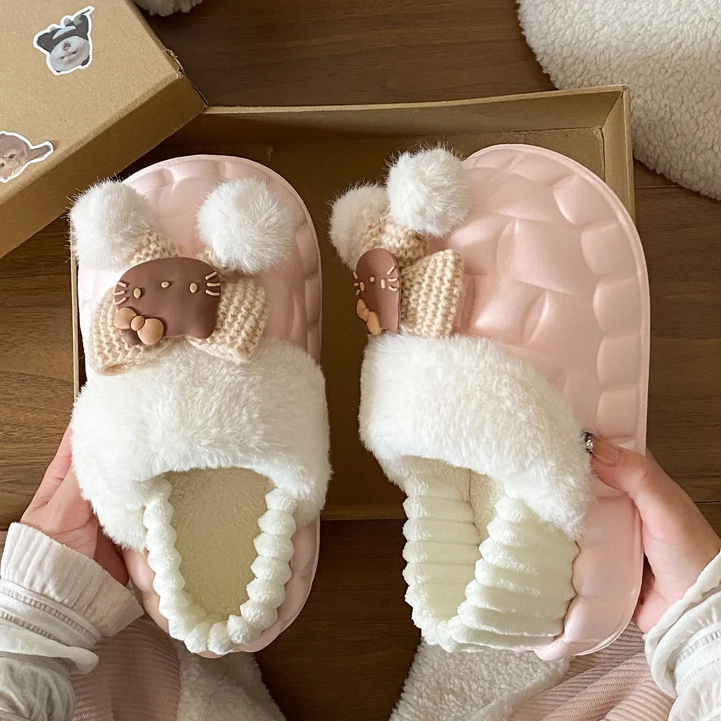 Pink Furry Cotton Slippers for Girls Warm Wear