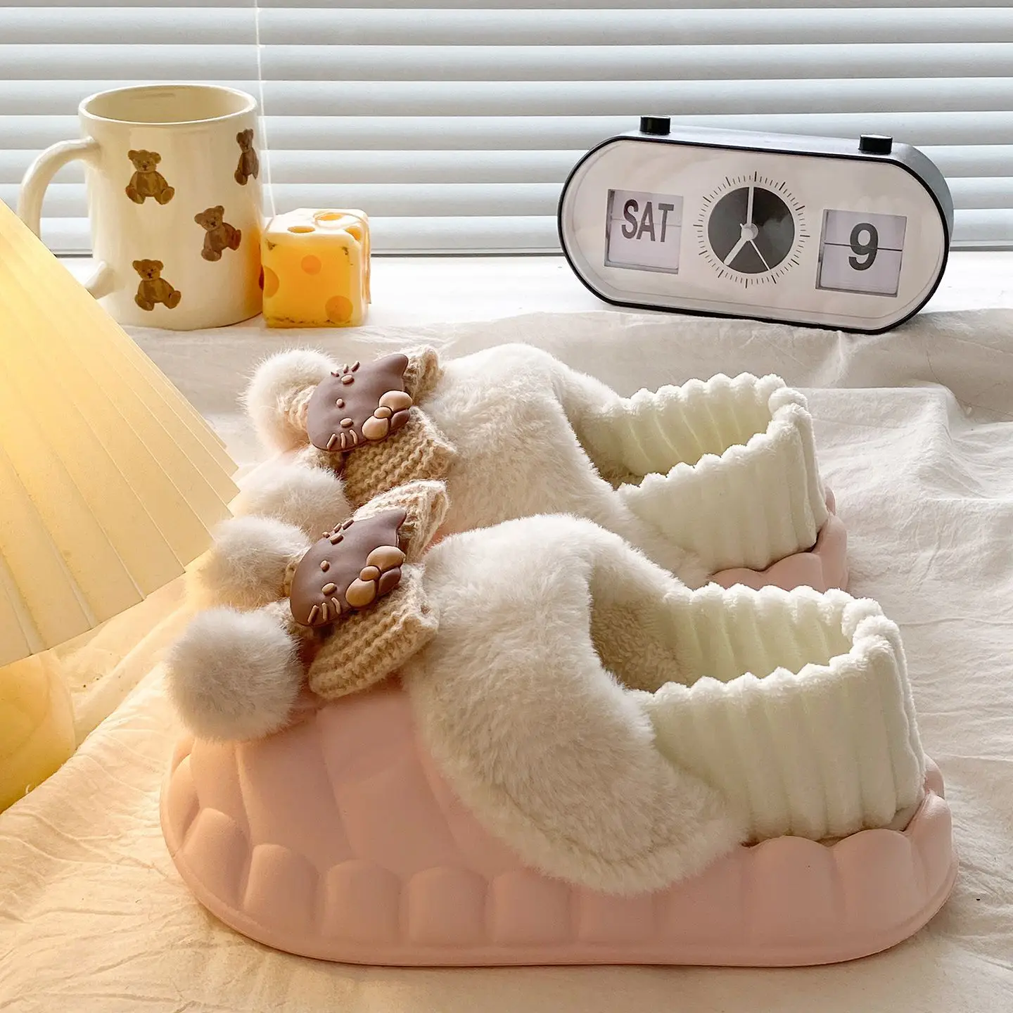 Pink Furry Cotton Slippers for Girls Warm Wear