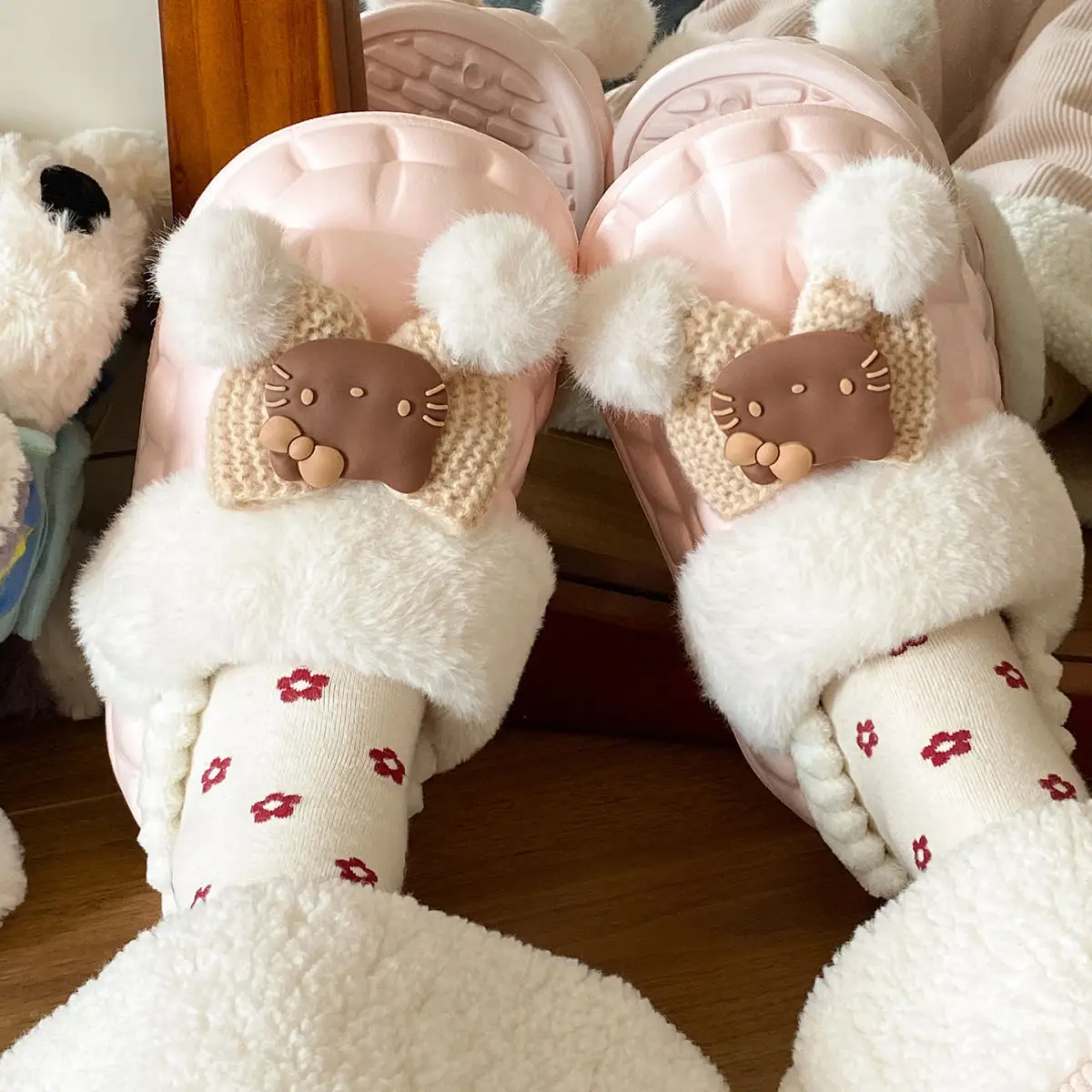 Pink Furry Cotton Slippers for Girls Warm Wear — feature 34