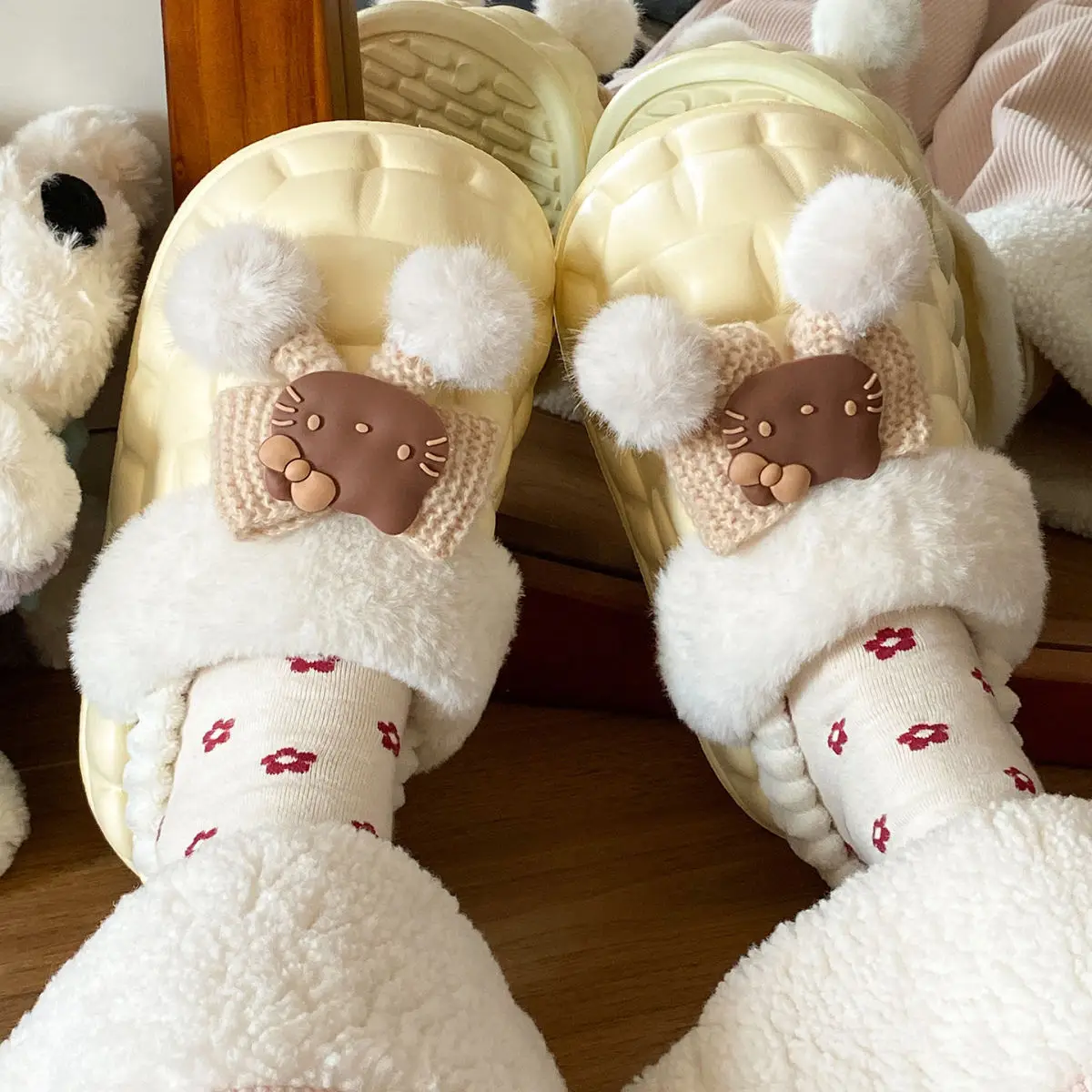 Pink Furry Cotton Slippers for Girls Warm Wear — feature 43