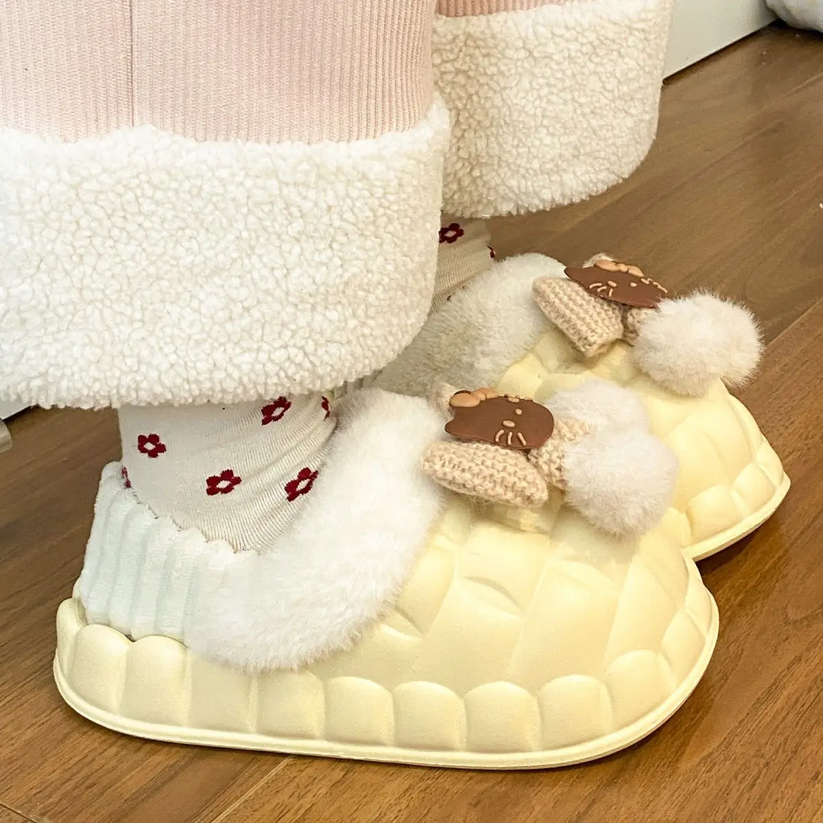 Pink Furry Cotton Slippers for Girls Warm Wear — feature 45