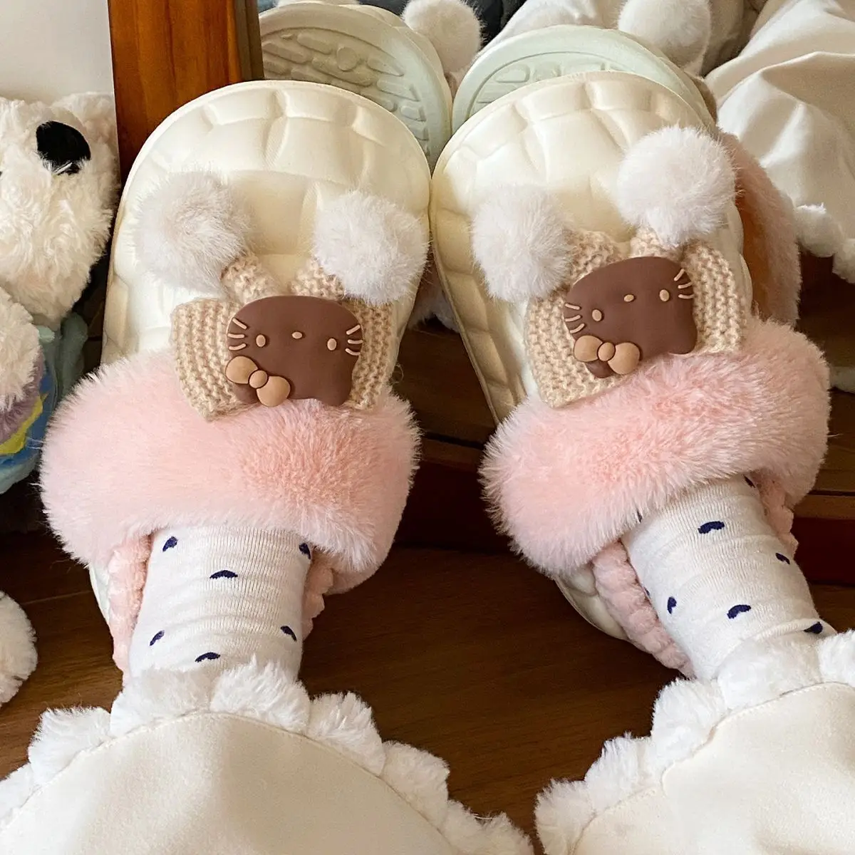 Pink Furry Cotton Slippers for Girls Warm Wear — feature 51