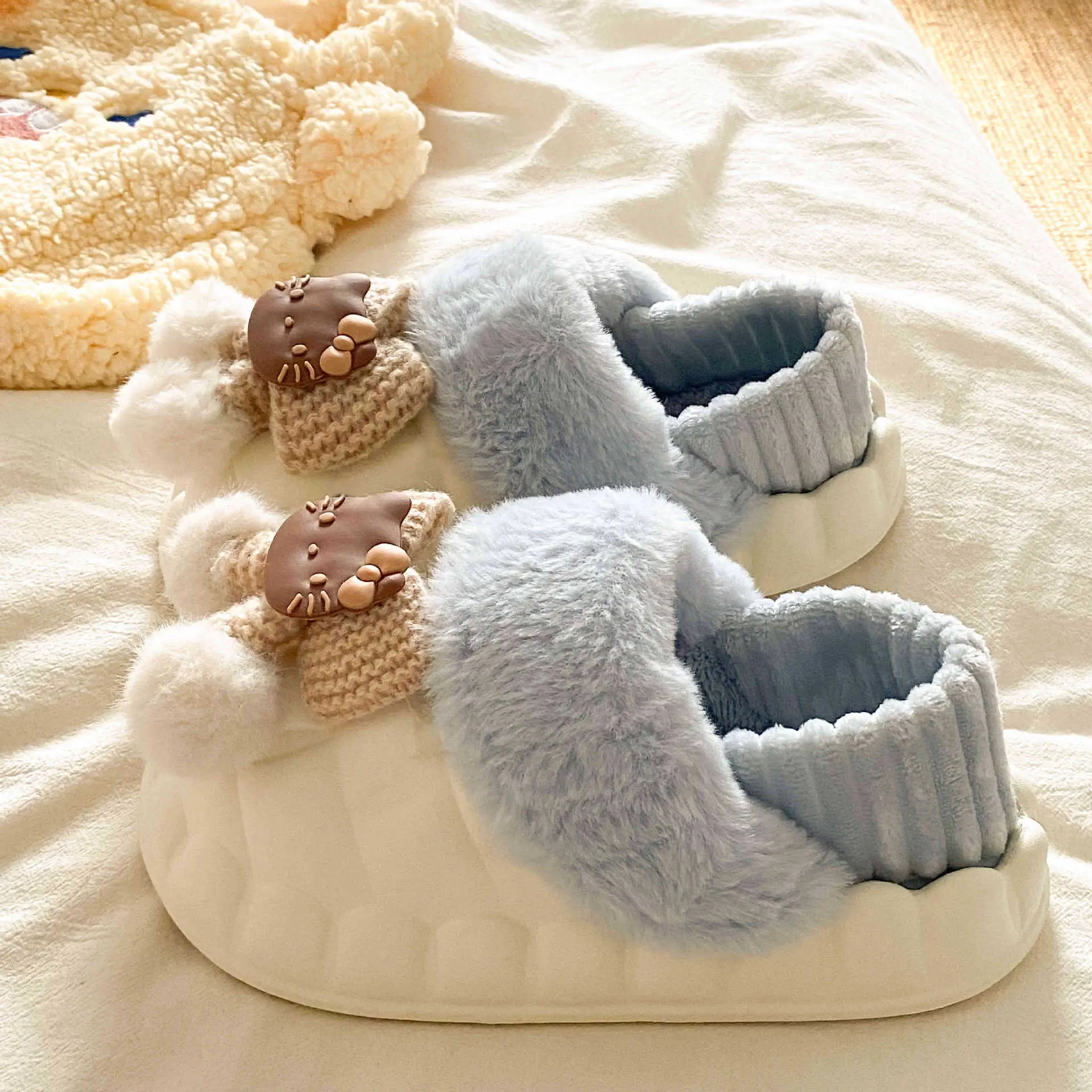 Pink Furry Cotton Slippers for Girls Warm Wear