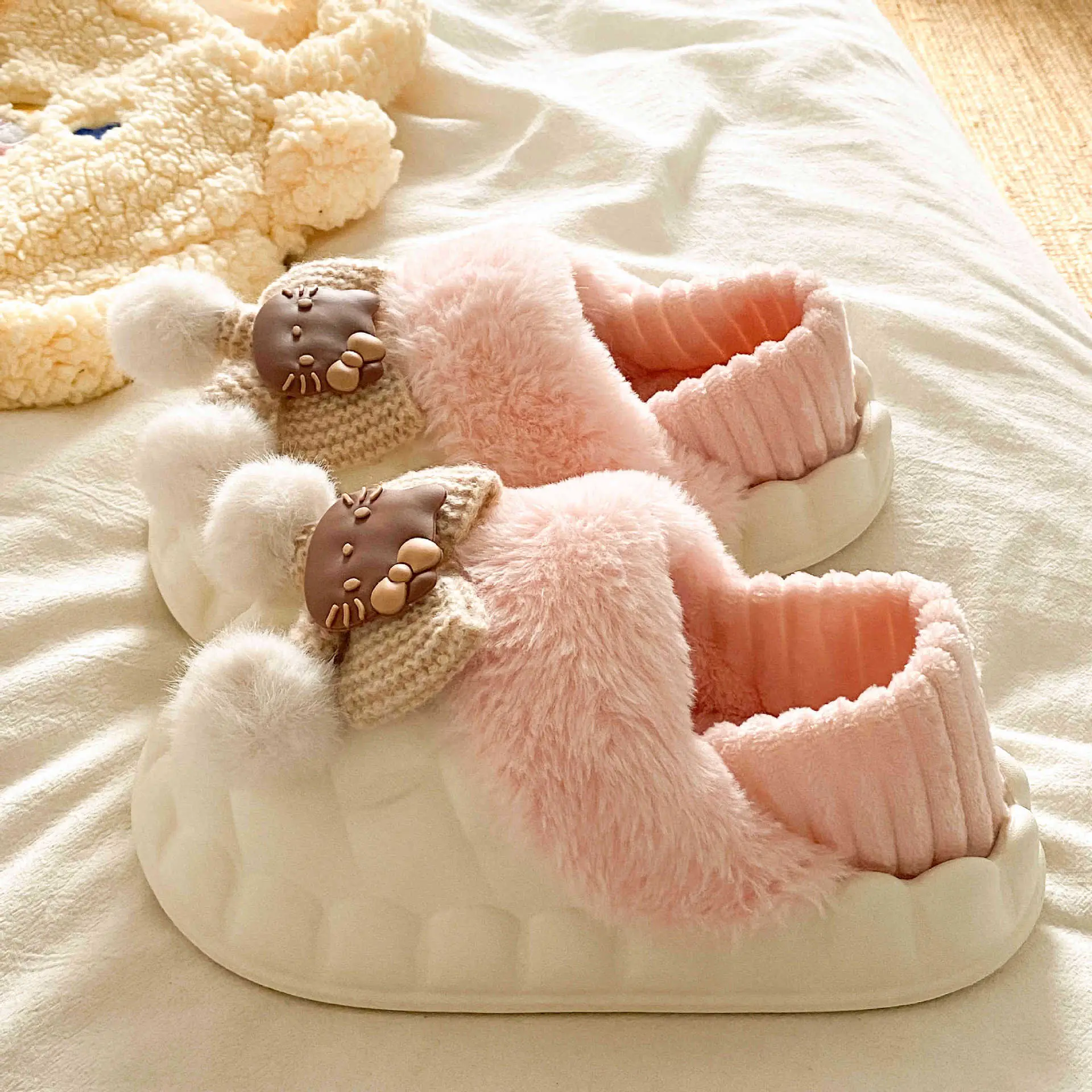Pink Furry Cotton Slippers for Girls Warm Wear