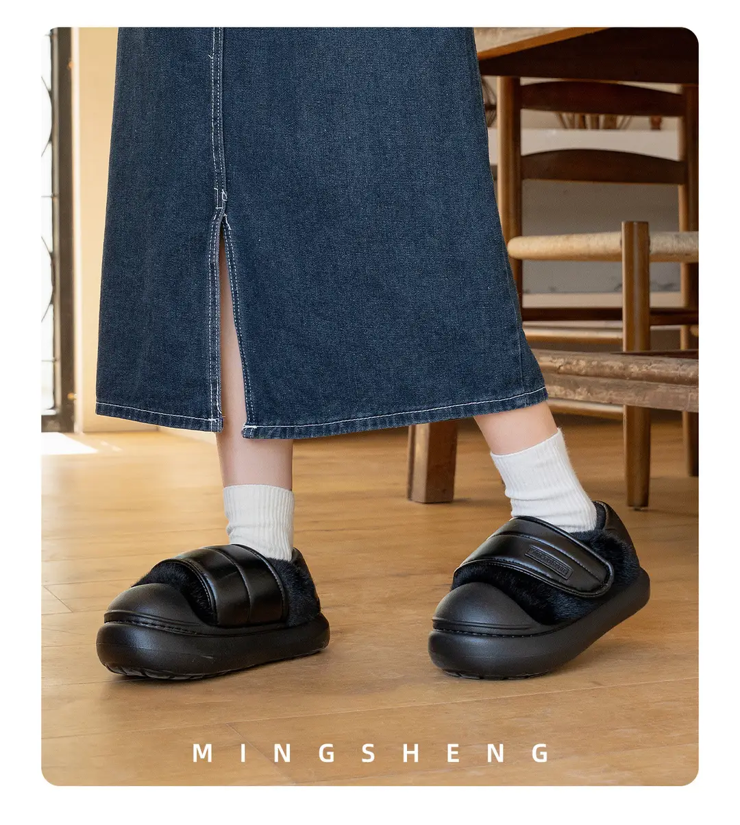 Mingsheng's New Velcro Thick-Soled Bag-Heeled Cotton Slippers for Women's Indoor Home Fashion Korean Style Warm Plush Cotton Shoes for Winter — feature 9
