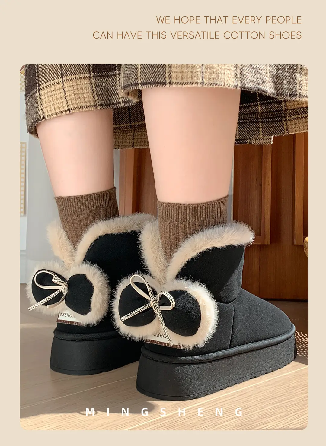 Bowknot Cotton Slippers for Women, Winter Style with Heel Cover, Fleece-Lined Cotton Shoes, New Style, Girly Style, Warm, Thick-Soled, Suitable for Outdoor Wear, Unisex — feature 7